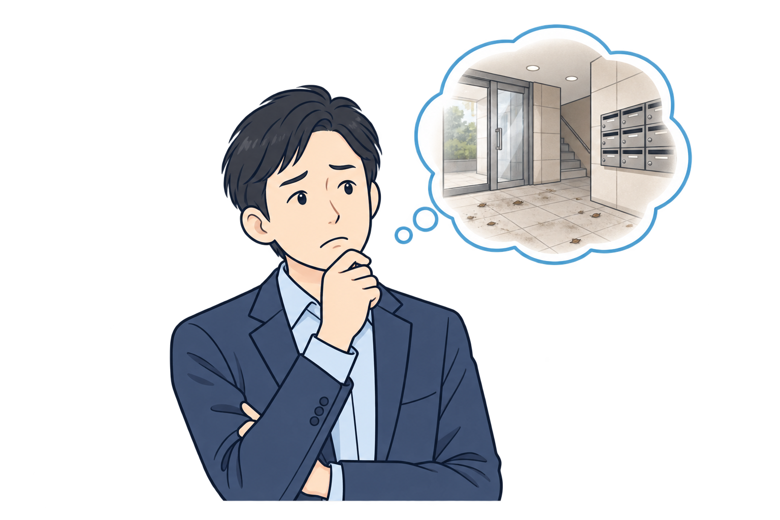 清掃の間の汚れを気にする管理者のイラスト