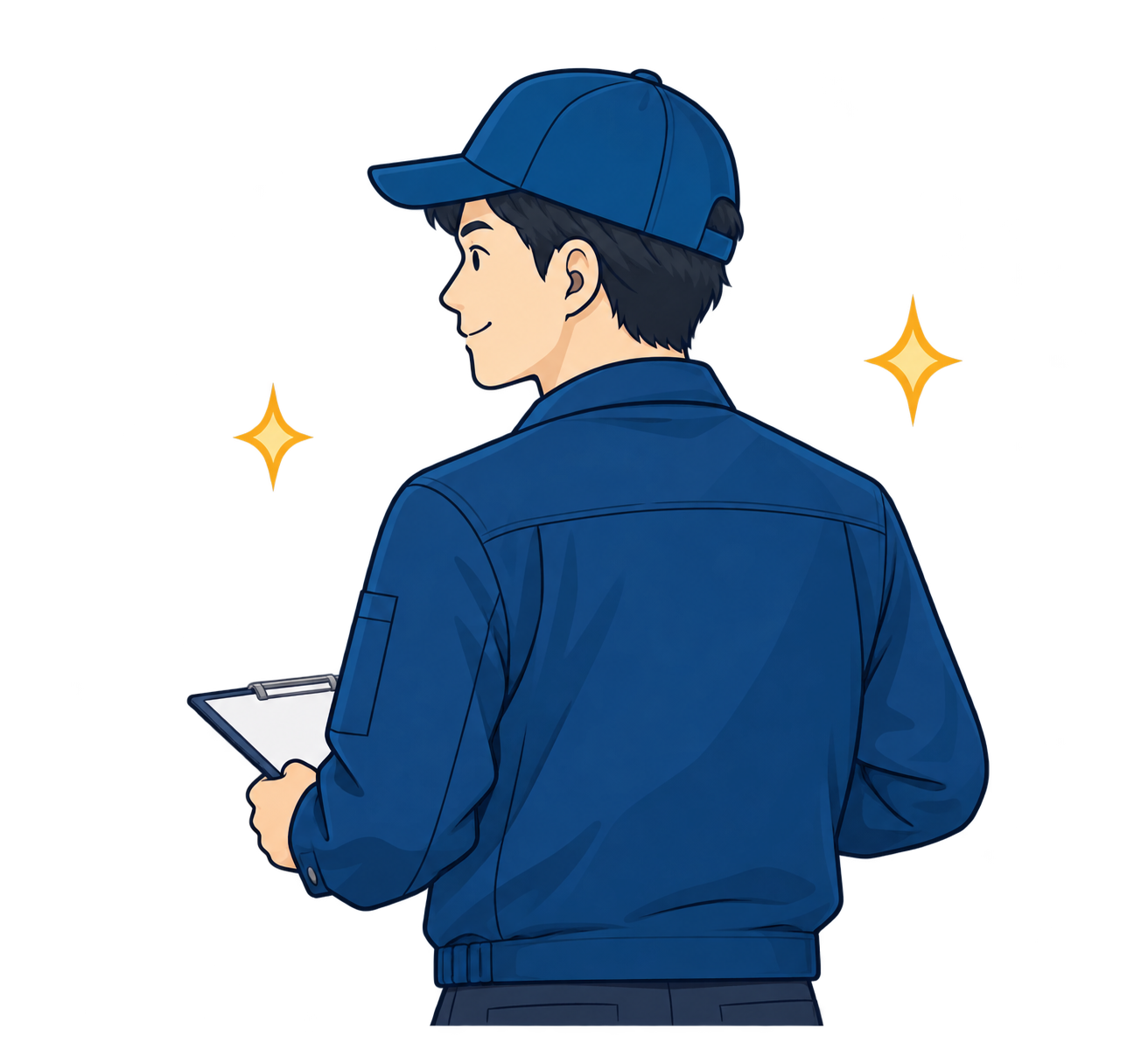 紺色の制服で作業を確認する清掃スタッフのイラスト