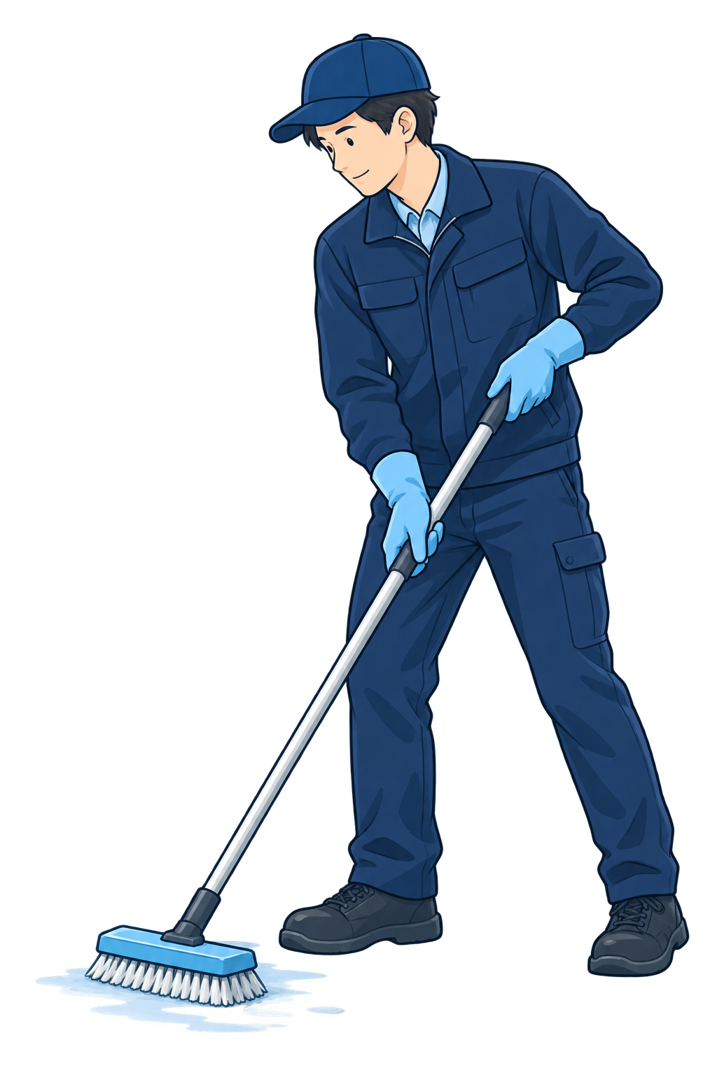 長柄ブラシで清掃するスタッフのイラスト